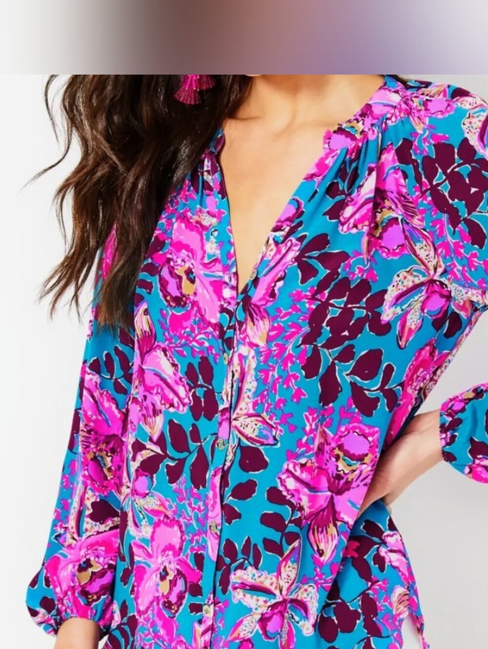 Lilly Pulitzer Saige Long Sleeve Silk Top Blue Rhapsody Orchid XL Luxury Resort